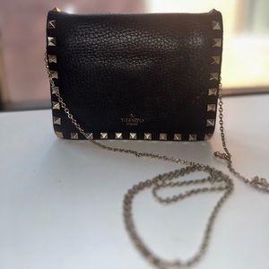 Valentino rockstud wallet on a chain; Black grained leather